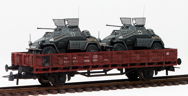 REI Models 38770 - German  Sdkfz 222s in Grey Livery loaded on a heavy 2 axle DRB flat car